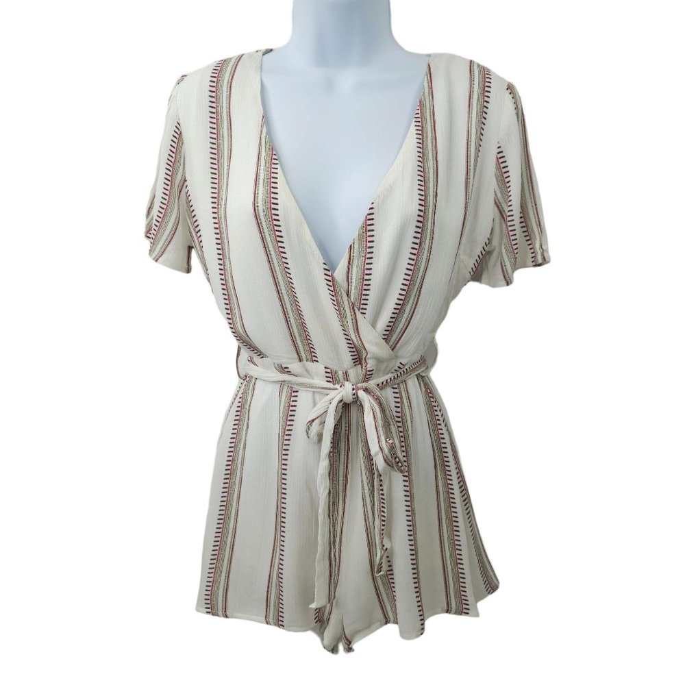 Sadie And Sage Striped Romper Size S Tie Belt Back Zip Lined Deep V Neck